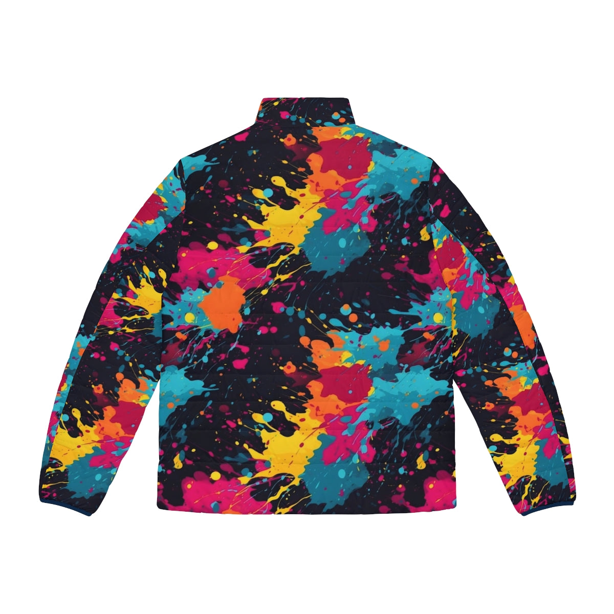 Vibrant neon paint splatter puffer jacket, featuring a bold, abstract design - Back