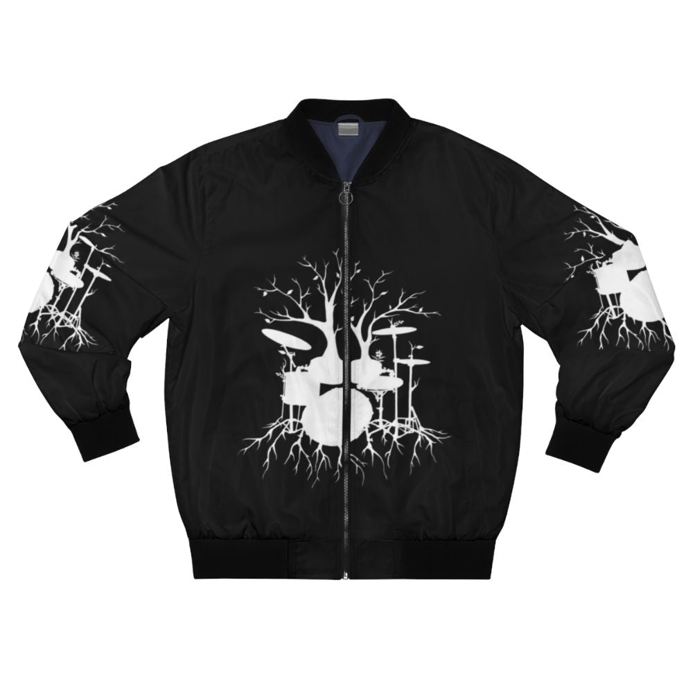 Drum tree silhouette design on a bomber jacket, featuring a surreal and symbolic tree-shaped drum set