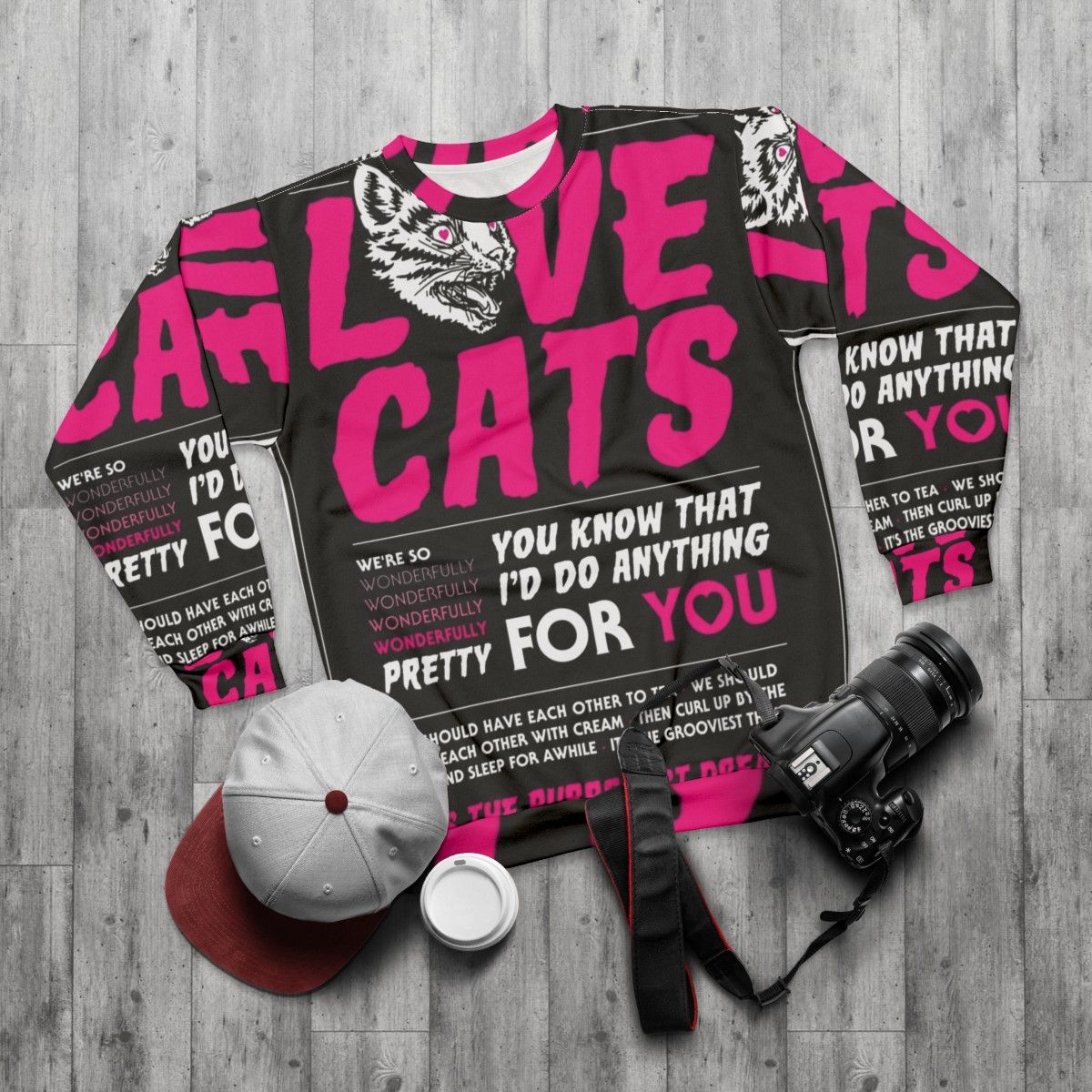 Love Cats Gothic Punk Rock Sweatshirt - flat lay