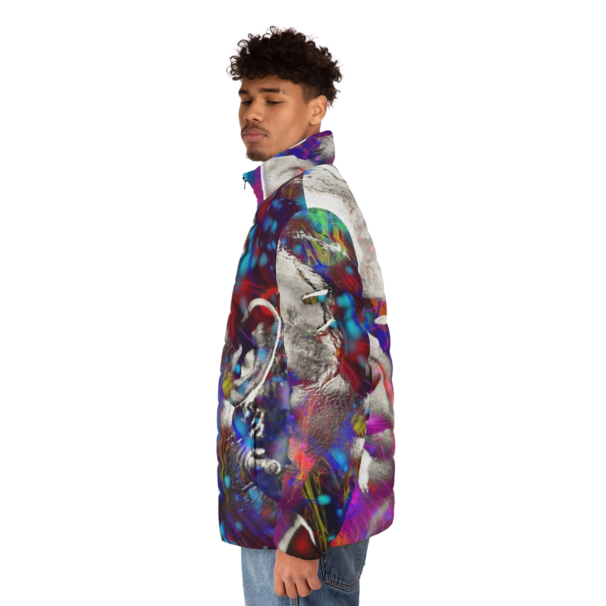 Frankenstein puffer jacket with a graphic monster design - men side left