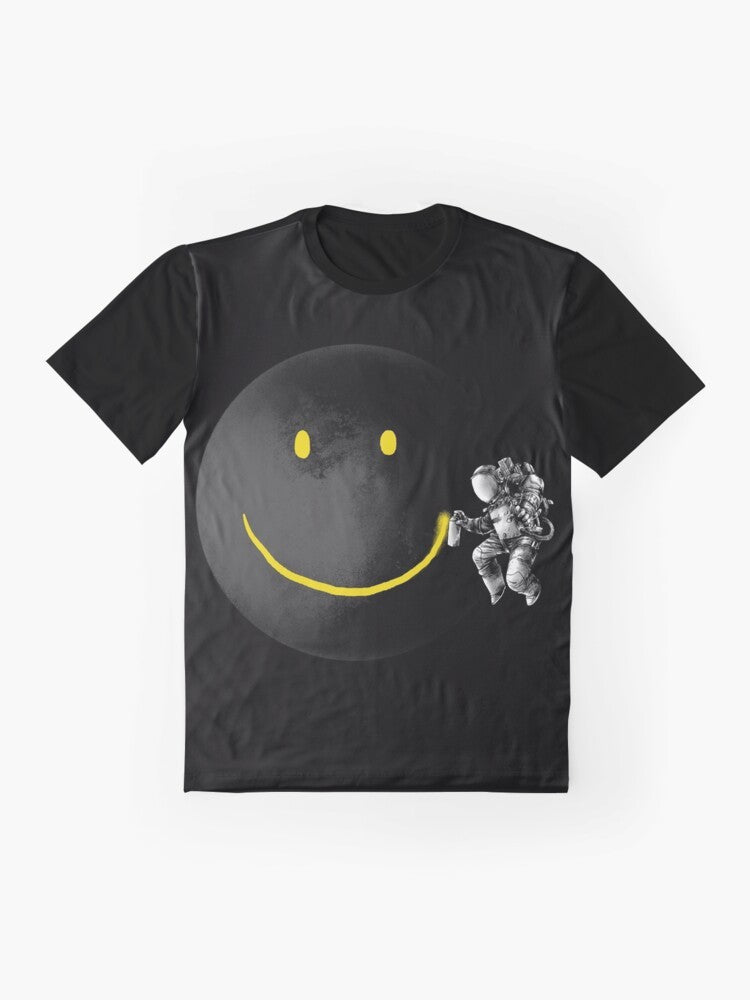 Surrealist t-shirt design featuring a smiling abstract face with an astronaut and the moon in a black and white sci-fi style - Flat lay