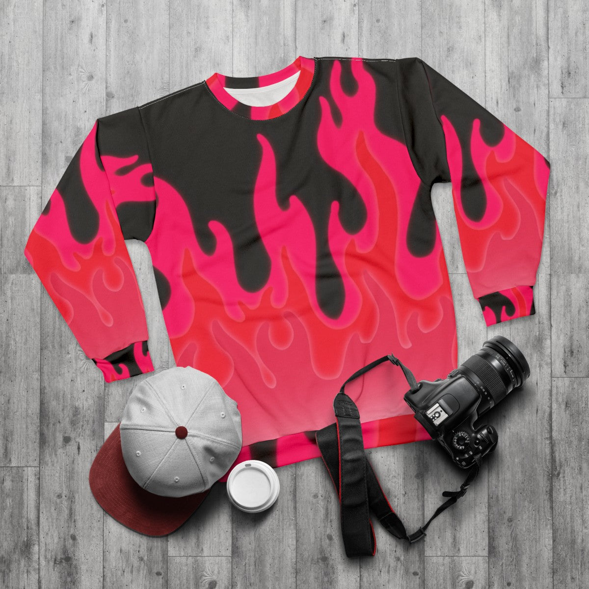 Hot pink reddish flames sweatshirt - flat lay