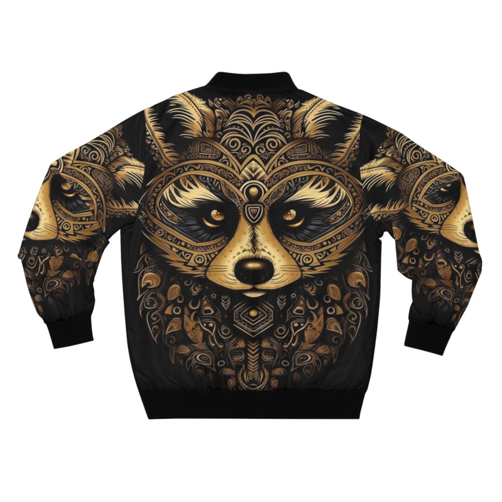 Enchanting bomber jacket with a digital illustration of a golden raccoon surrounded by a mandala pattern, representing nature, mysticism, and spiritual interconnectedness. - Back