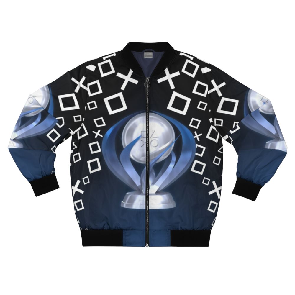 A black bomber jacket with a gaming trophy design