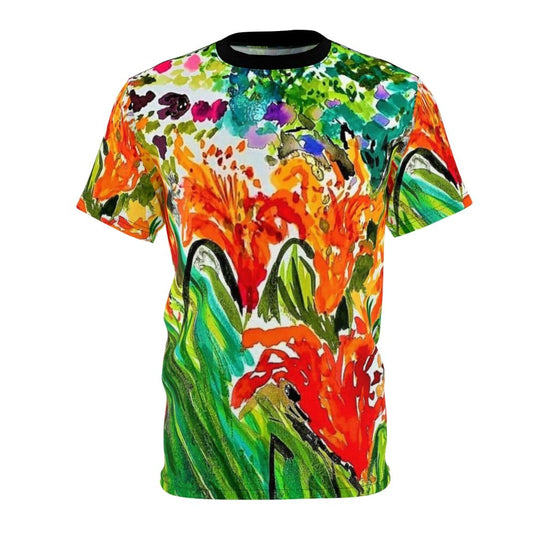 Colorful all over print t-shirt featuring a vibrant botanical lilies design