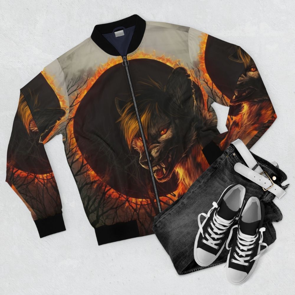 Dark Eclipse Werewolf Bomber Jacket with Supernatural Forest Design - Flat lay