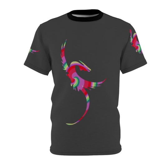 A colorful and abstract t-shirt design featuring a dragon and other legendary animals in a fantasy art style.