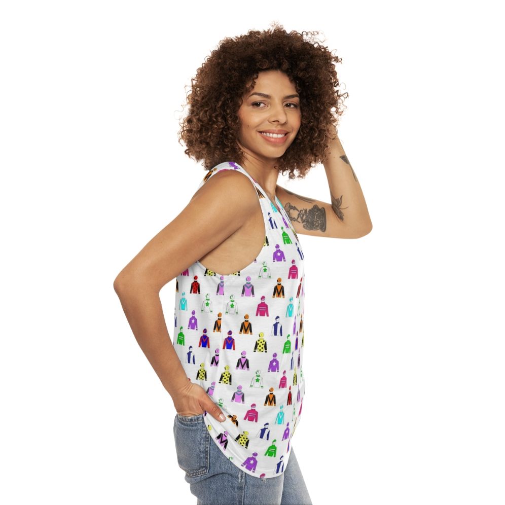 Unisex tank top featuring the vibrant colors of jockey silks - women side