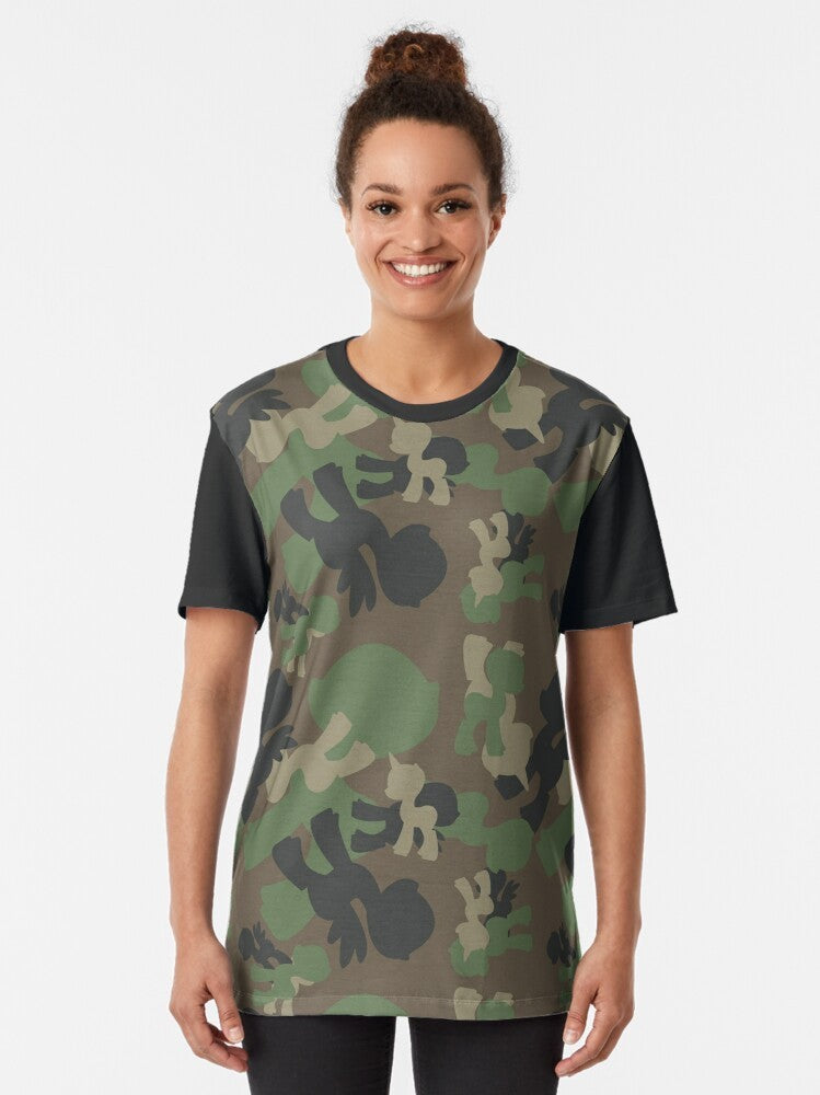 Military-inspired woodland camo graphic featuring a brony design on a t-shirt - Women