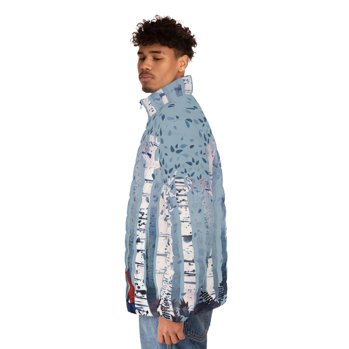 Blue watercolor puffer jacket with birchwood and nature motifs - men side left