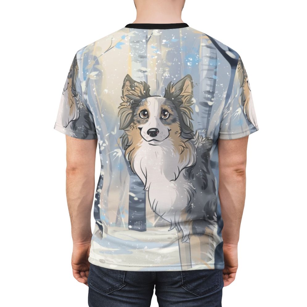 A cozy and whimsical t-shirt design featuring a dog, snow, and winter scenery. - men back