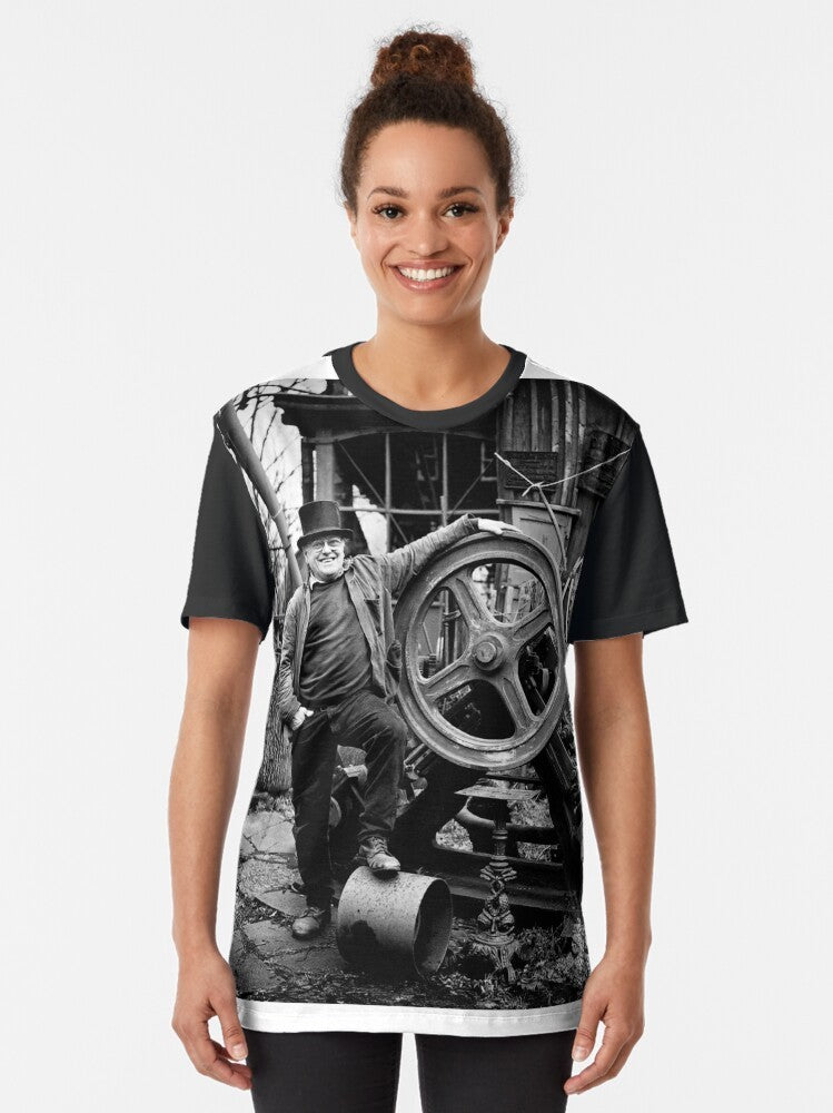 Vintage graphic t-shirt featuring an illustration of Fred Dibnah, a famous English steeplejack and industrial heritage enthusiast. - Women