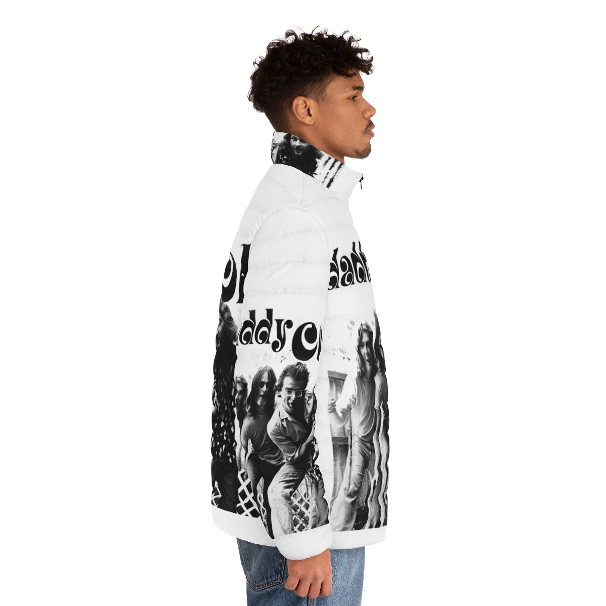 Puffer jacket with Ausrock Daddy Cool design, featuring music-inspired graphics - men side right