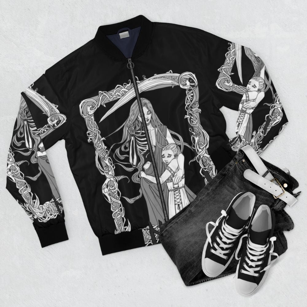 Hel Norse Mythology Inspired Bomber Jacket - Flat lay