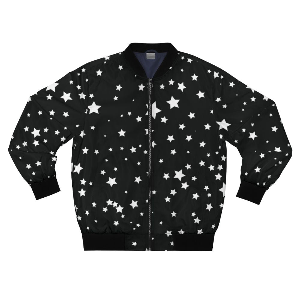 A black and white bomber jacket with a scattered star cluster design, creating a cosmic and spacious aesthetic.