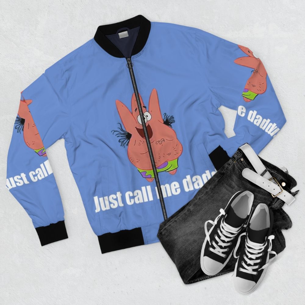 Patrick Star from Spongebob wearing a bomber jacket with the text "Just call me daddy" - Flat lay