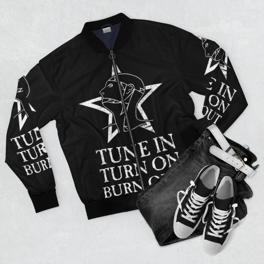 Vintage bomber jacket featuring The Sisters of Mercy gothic and post-punk design - Flat lay