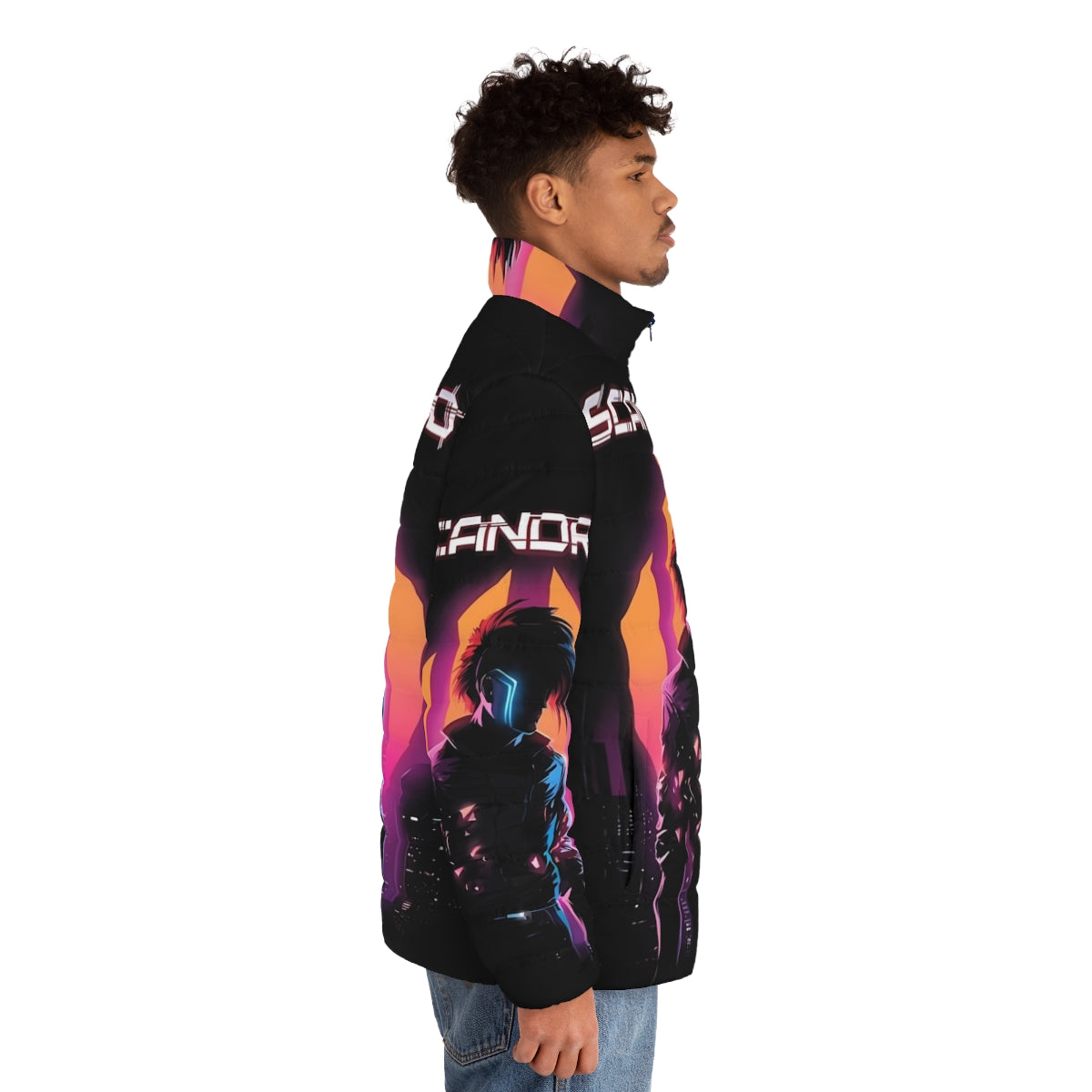 Scandroid 2517 Puffer Jacket featuring synthwave, retrowave, and cyberpunk inspired design - men side right