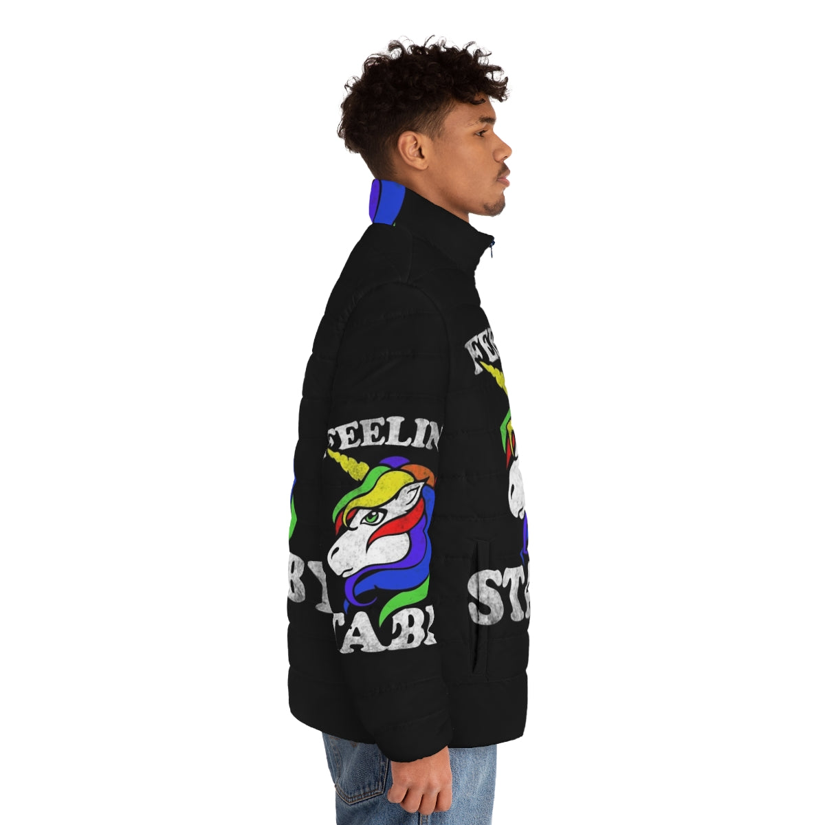 Colorful and whimsical "Feeling Stabby" unicorn puffer jacket - men side right