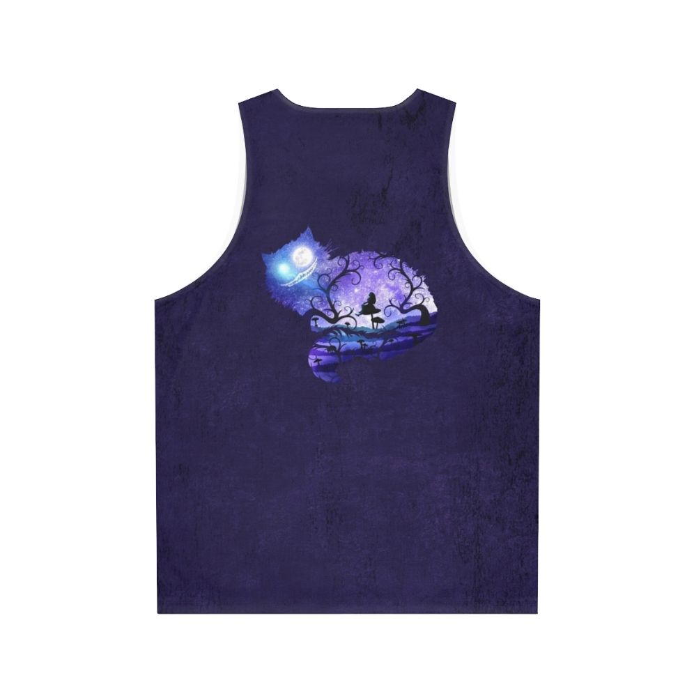 Whimsical unisex tank top with 'We Are All Mad Here' design featuring Alice in Wonderland's Cheshire Cat and night sky - Back