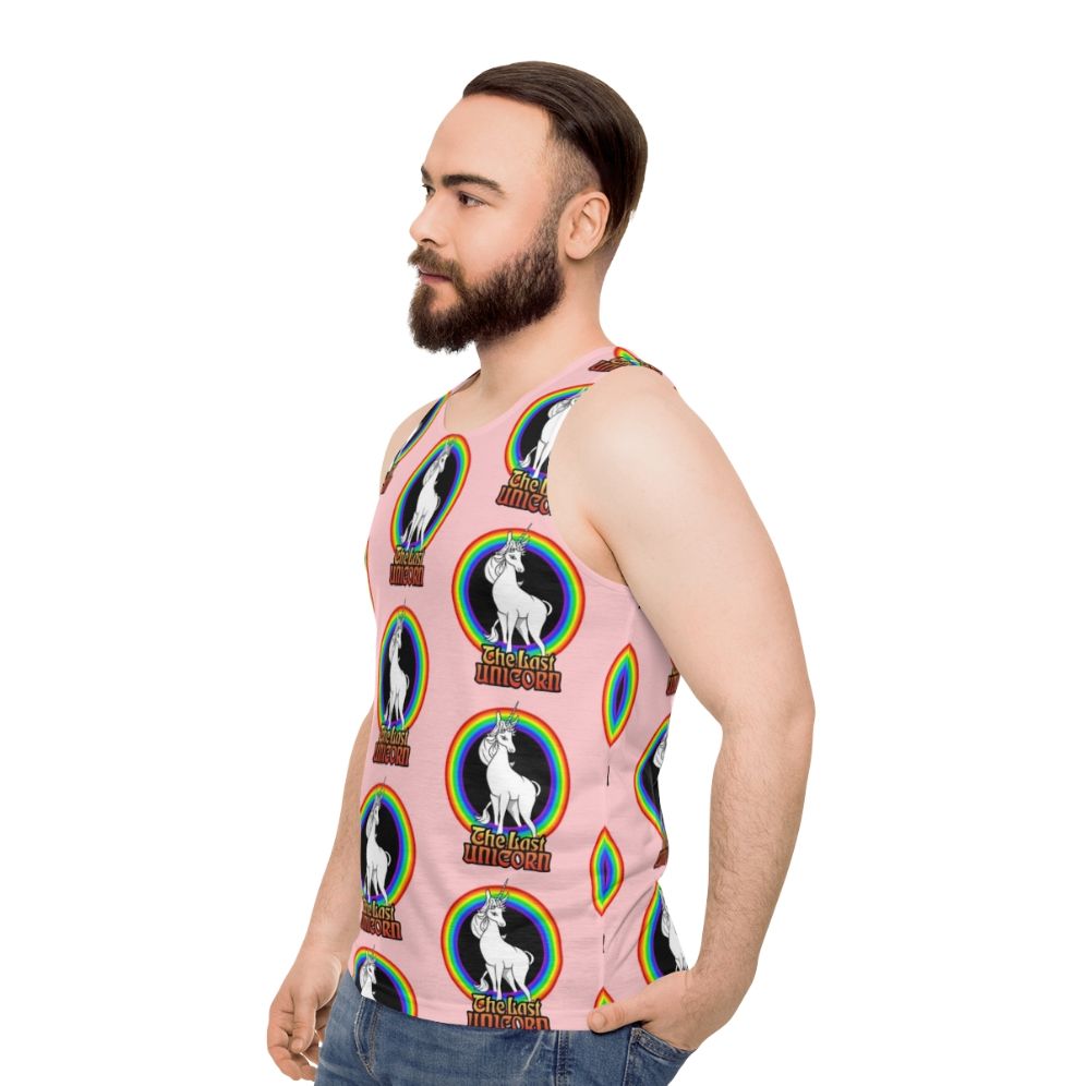 Unisex tank top featuring a white unicorn against a rainbow backdrop - men side