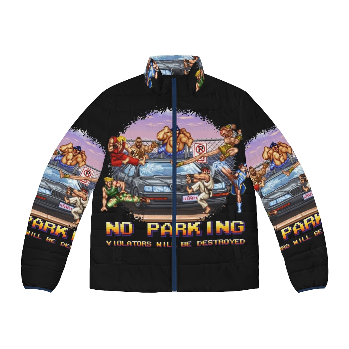 Retro 8-bit pixel art puffer jacket with "No Parking Violators Will Be Destroyed" text