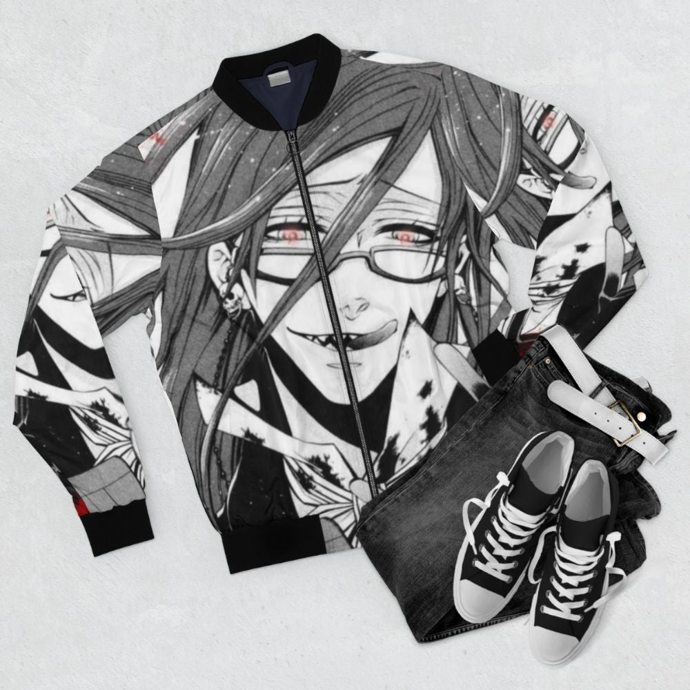 Black Butler Grell Sutcliff Bomber Jacket, featuring the iconic character from the anime and manga series - Flat lay