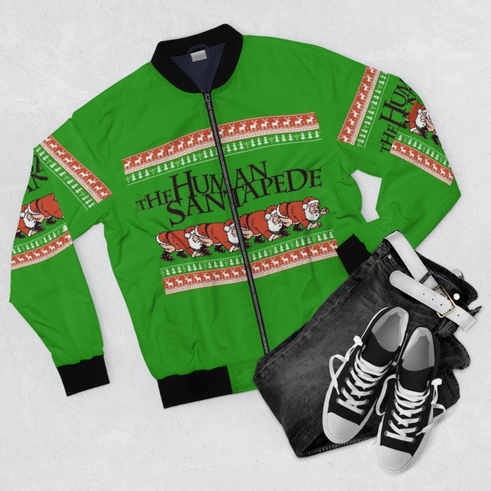 The "Human Centipede" inspired Christmas sweater bomber jacket with a disturbing horror movie design - Flat lay