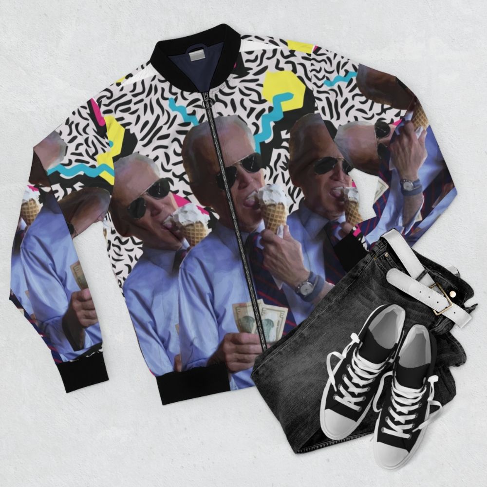 A bomber jacket featuring a retro-style graphic with the text "Biden FTW" in a vaporwave aesthetic. - Flat lay