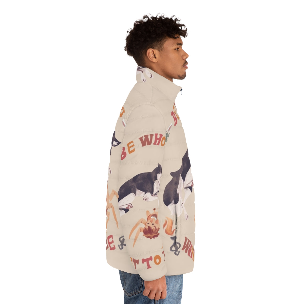 Be Who You Want to Be Puffer Jacket - Horror movie inspired outerwear with dog motif - men side right