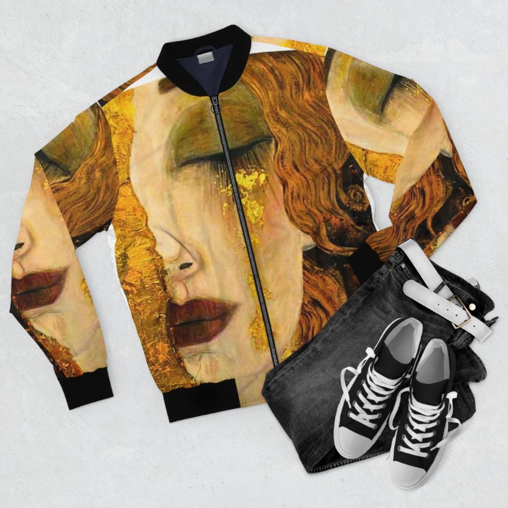 Golden Tears Klimt-Inspired Bomber Jacket featuring art nouveau floral design and metallic gold accents - Flat lay