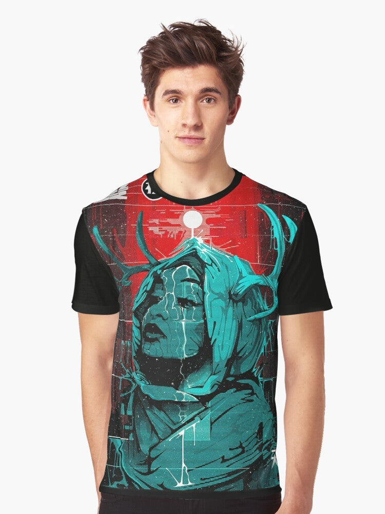 Cyberpunk glitch-inspired urban style graphic t-shirt featuring a futuristic, minimalist design - Men