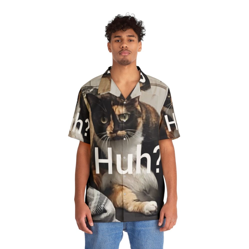 Huh Hawaiian Shirt featuring a chubby cat meme design - People Front