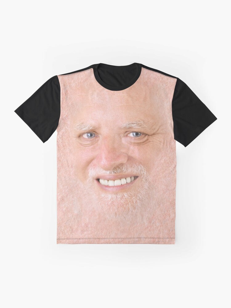 A graphic t-shirt featuring the "Hide The Pain Harold" meme, a popular internet meme of an older man smiling awkwardly. - Flat lay