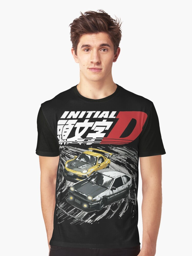 Graphic t-shirt featuring Initial D anime characters and cars including the Toyota AE86 and Mazda FD RX-7 in a drift racing scene. - Men