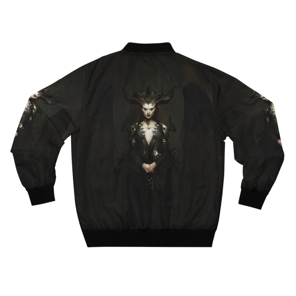 A stylish bomber jacket featuring Lilith, the main antagonist from the upcoming Diablo 4 video game. - Back