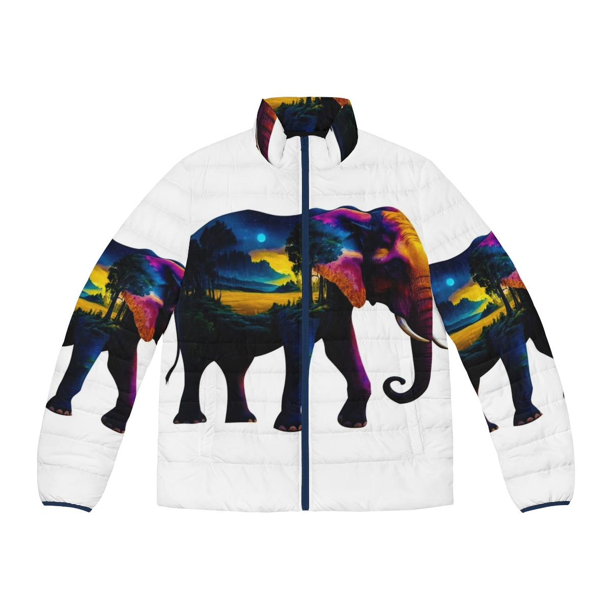 Elephant-inspired puffer jacket with nature design