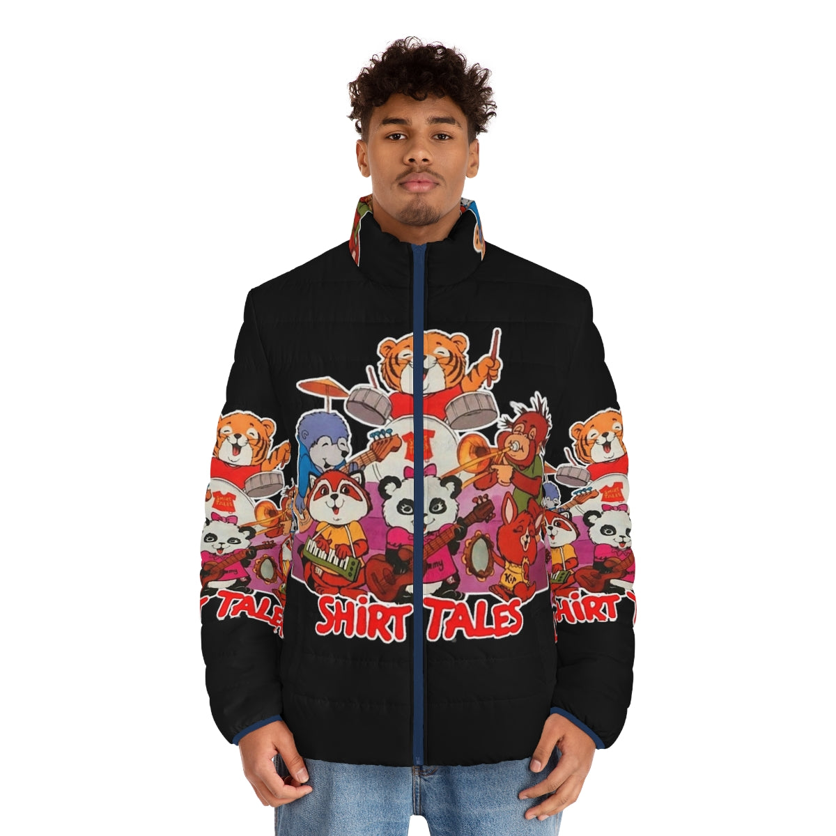 Retro 80s puffer jacket featuring Shirt Tales cartoon characters - men front