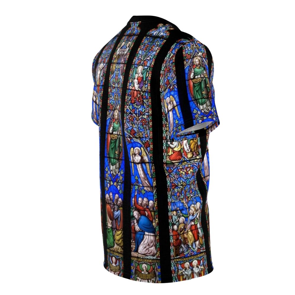 A high-quality t-shirt featuring a stunning design of a stained glass church window, perfect for those seeking faith-based fashion. - men right