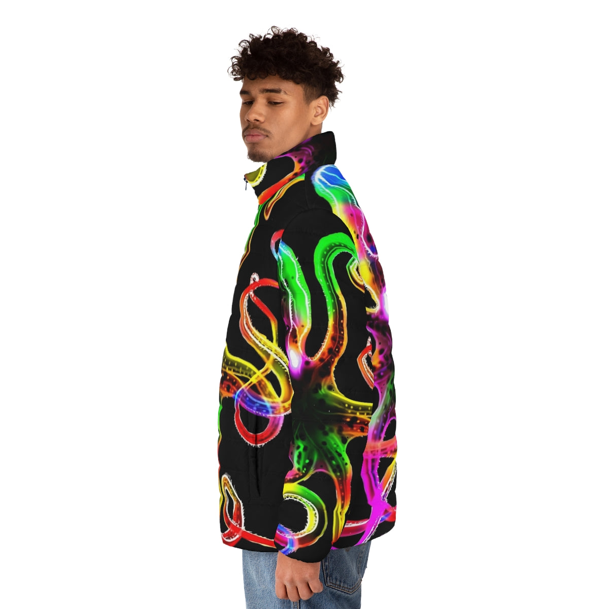 Vibrant rainbow tie-dye puffer jacket with glowing octopus design - men side left