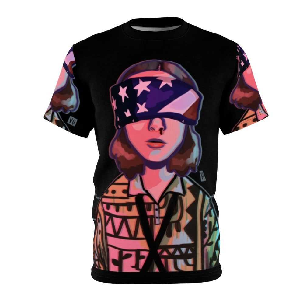 Patriotic Eleven Stranger Things Inspired T-Shirt featuring the number 11 with an American flag background