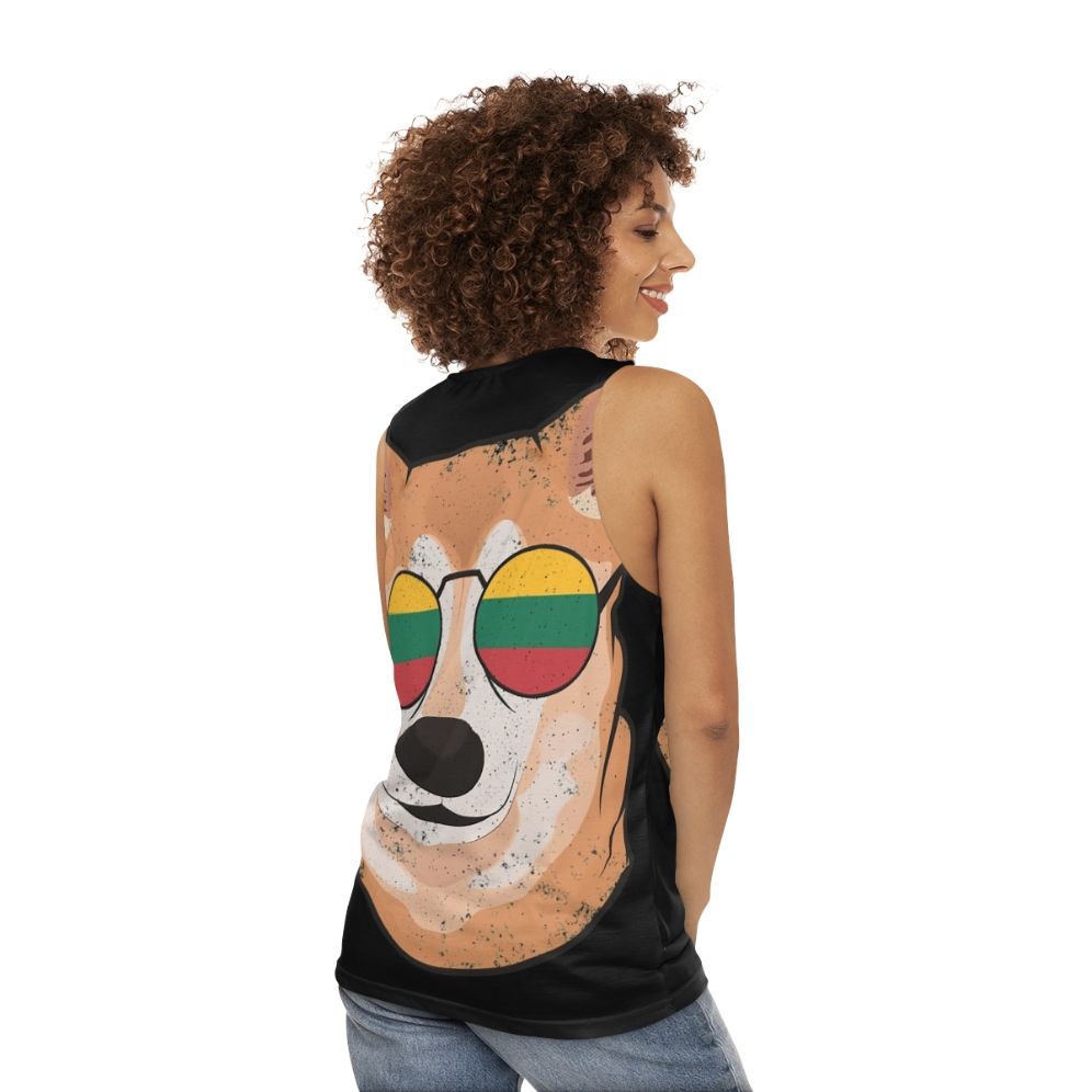 Vintage patriotic shiba inu tank top with lithuanian flag - women back