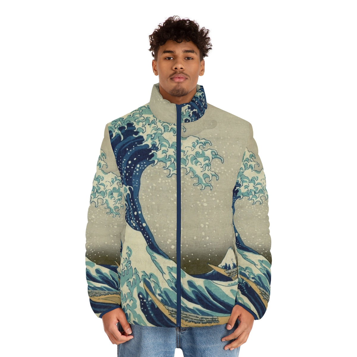 A puffer jacket featuring the iconic "The Great Wave off Kanagawa" Japanese woodblock print design - men front