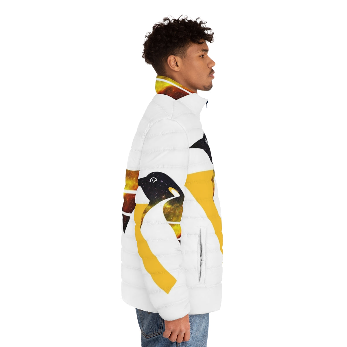 Nebula Penguins Throwback Puffer Jacket, featuring a space-inspired design and throwback Pittsburgh Penguins logo - men side right