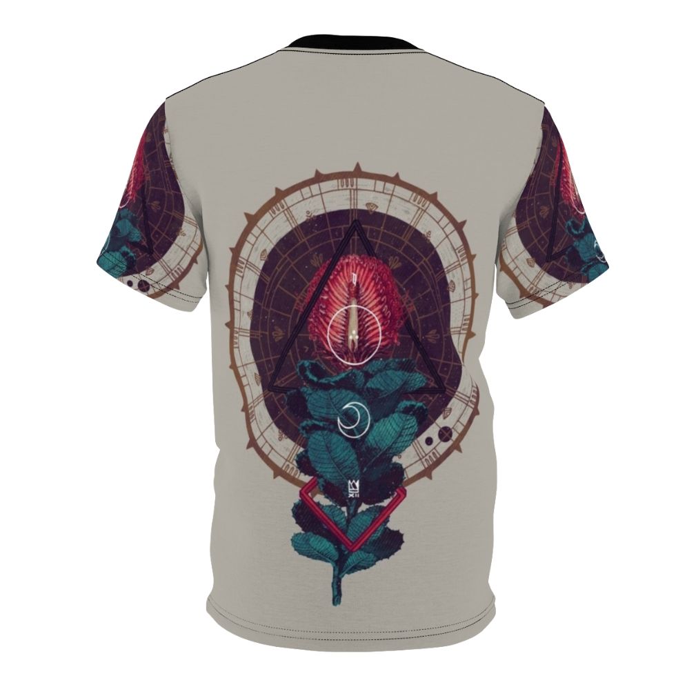 Geometric art design featuring sacred symbols and nature elements on a high-quality t-shirt. - Back