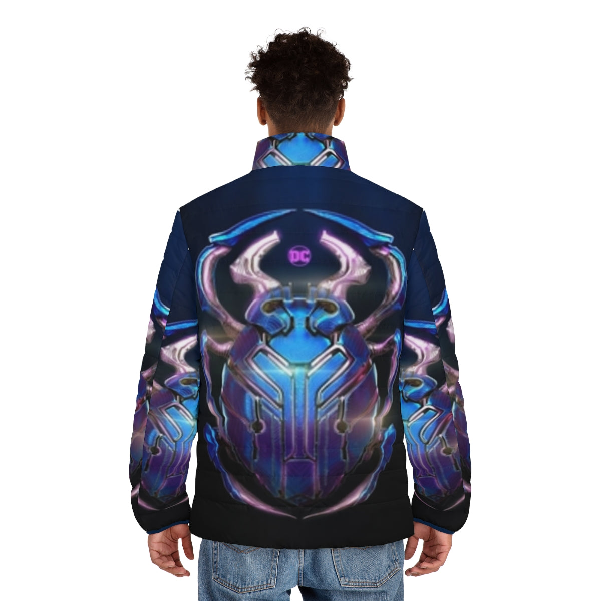 Blue and green puffer jacket featuring the Blue Beetle superhero design - men back