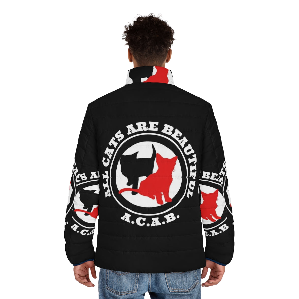 All Cats Are Beautiful Puffer Jacket featuring a cat design for animal rights and anarchist activism - men back