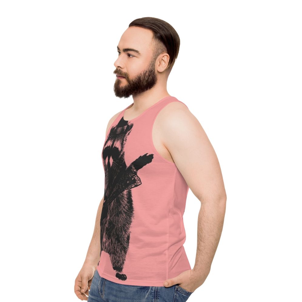 Raccoon wielding ukulele graphic on unisex tank top - men side