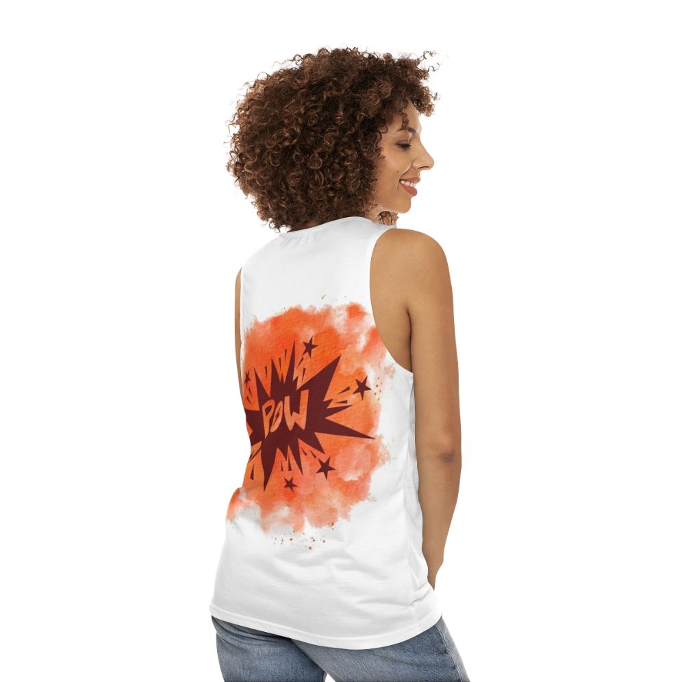 Watercolor superhero graphic on unisex tank top - women back