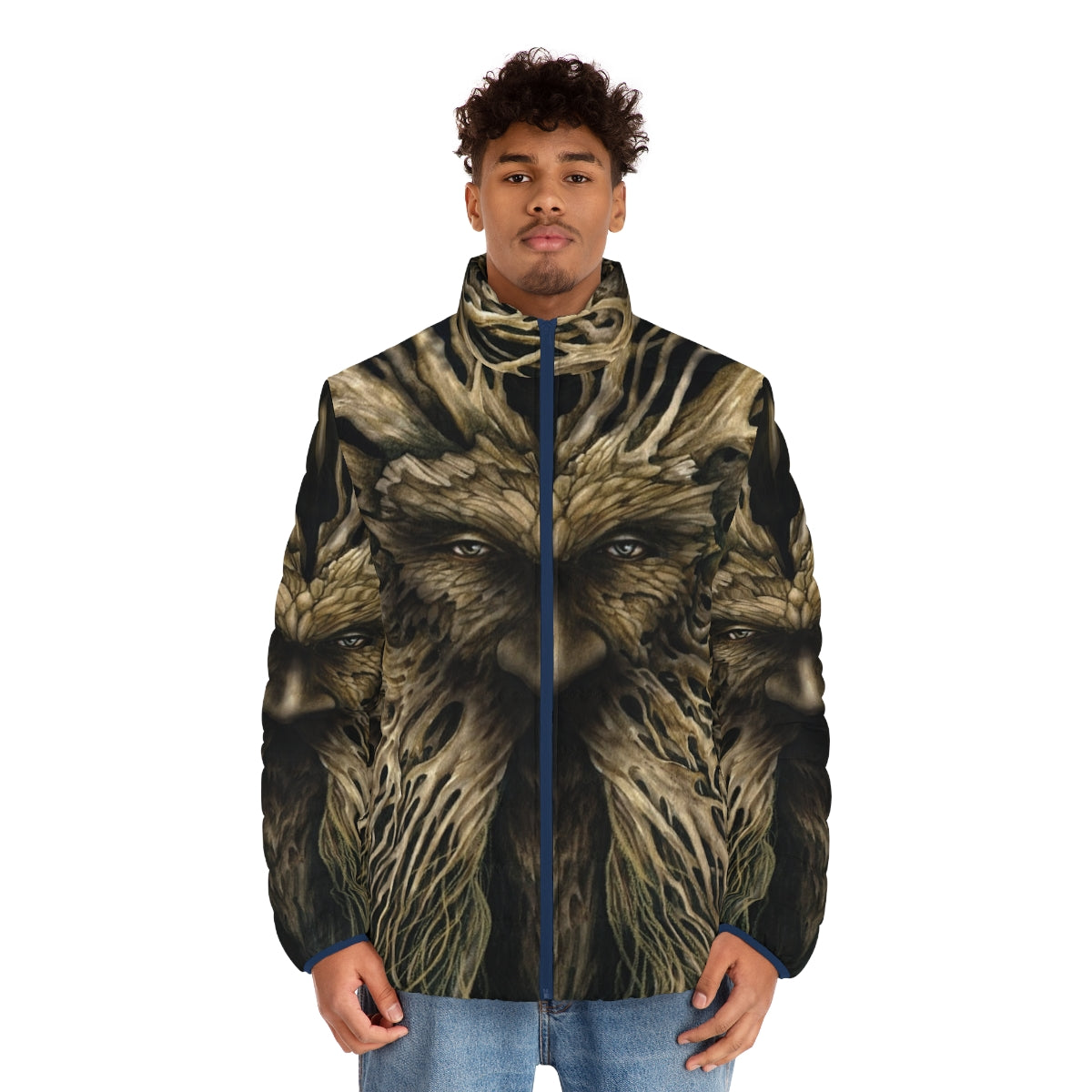 Model wearing Lord of the Greenwood puffer jacket, inspired by mythological woodland spirits - men front